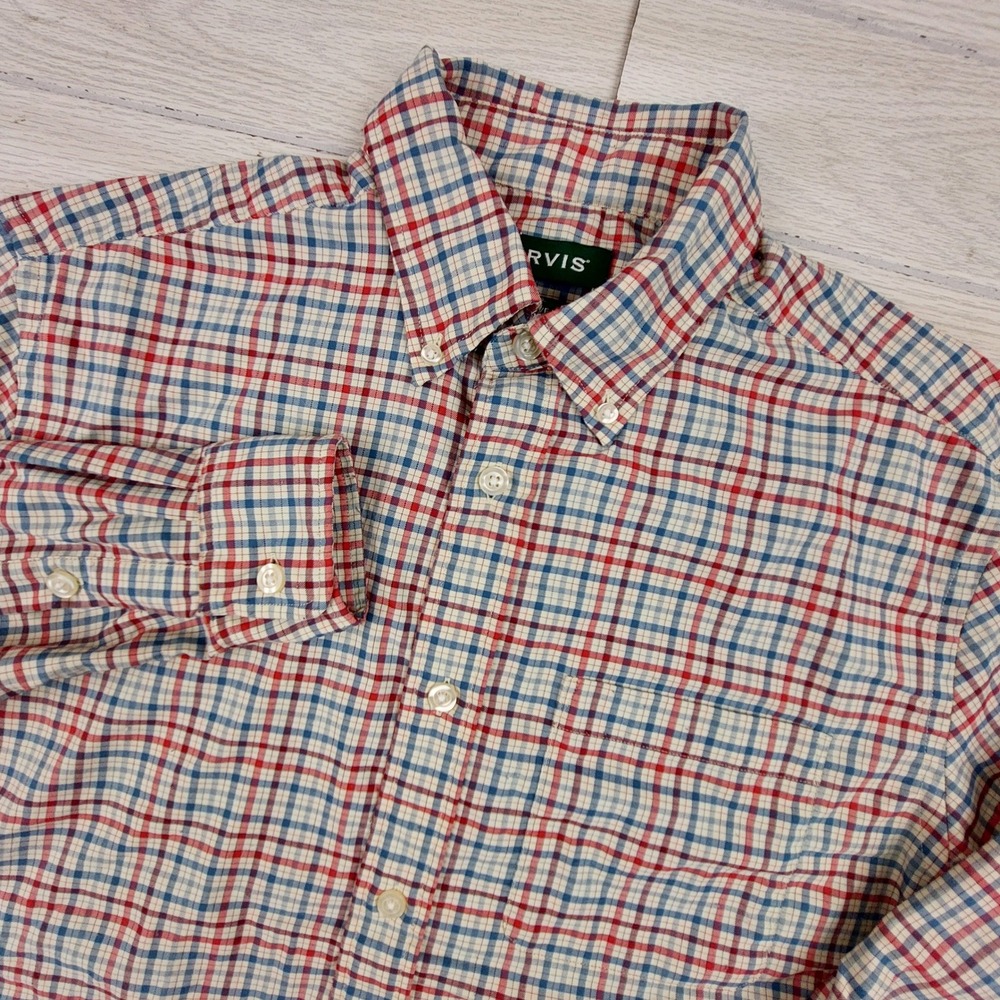 Orvis Button Down Shirt Mens Medium Red Blue Plaid Active‎ Fit Nonstop Stretch